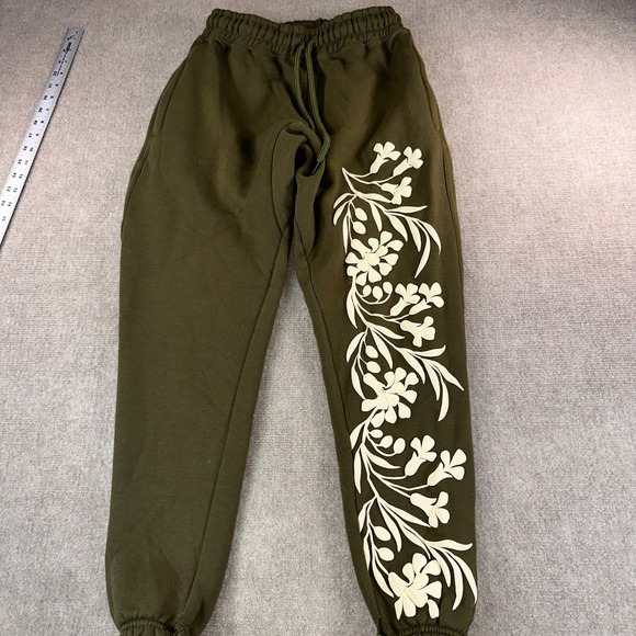 Sterlina Apparel Pants - Sterlina Apparel Olive Green Floral Puff Print Fleece Joggers Sweatpants Medium